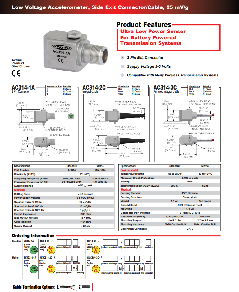 CTC低压加速度振动传感器AC314技术参数