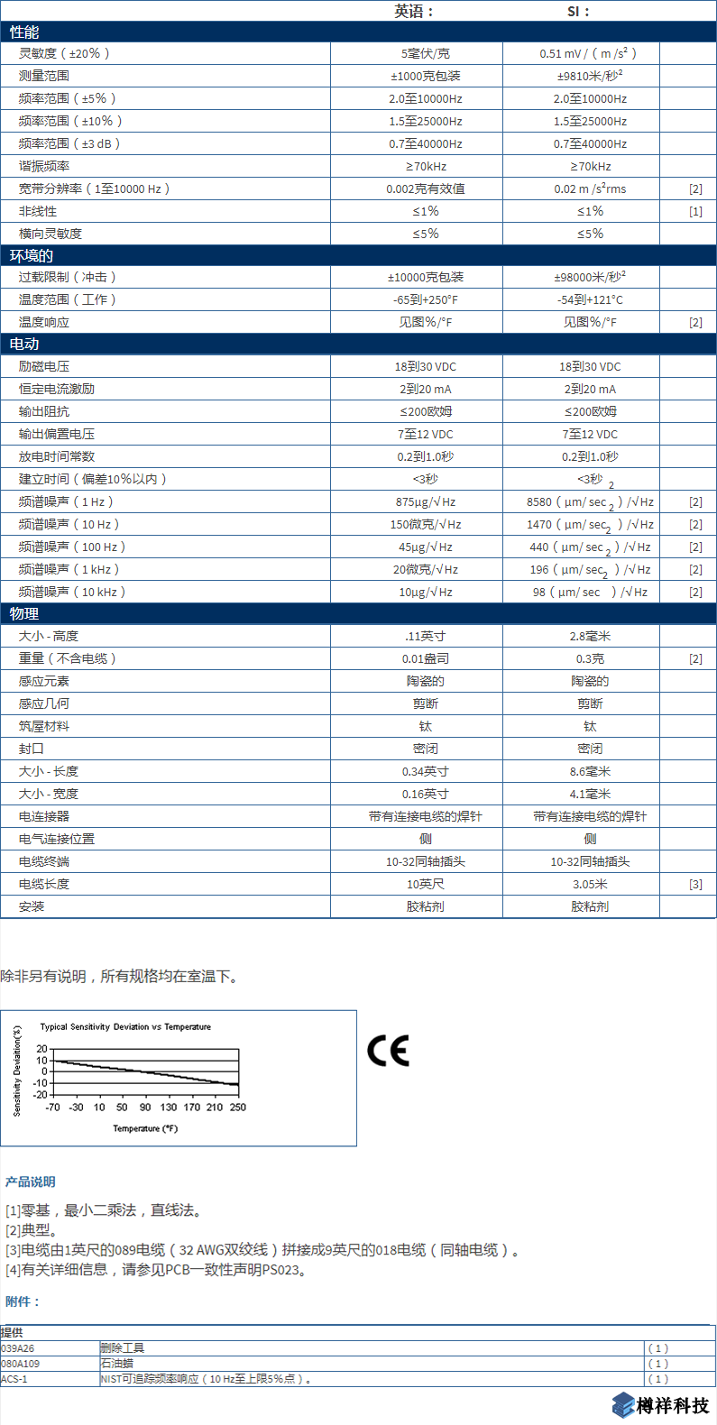 美***进口PCB单轴加速度振动传感器352A73型技术参数