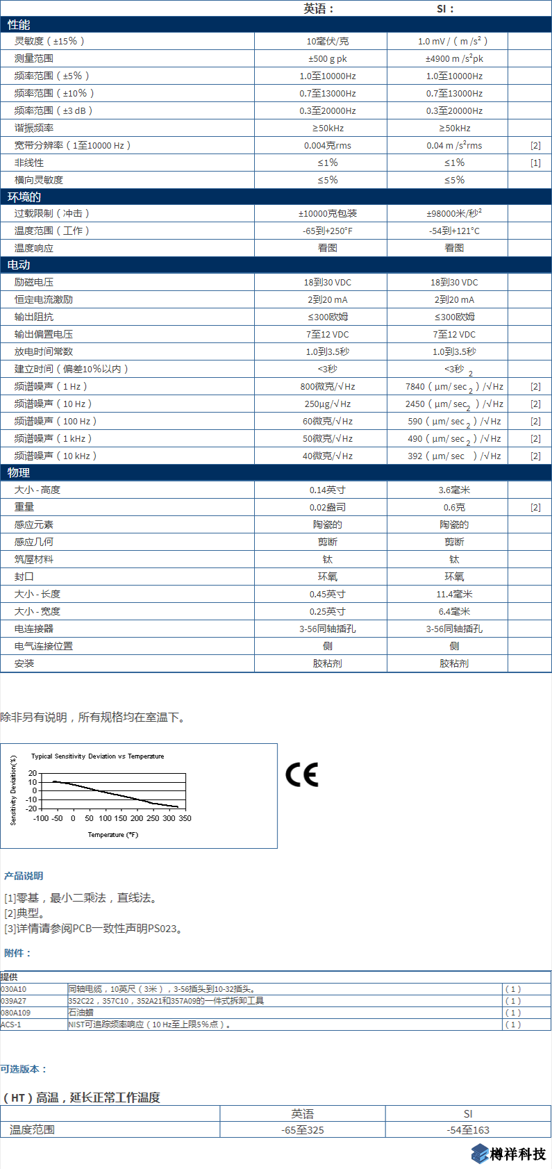 美***进口PCB单轴加速度振动传感器352A21型技术参数