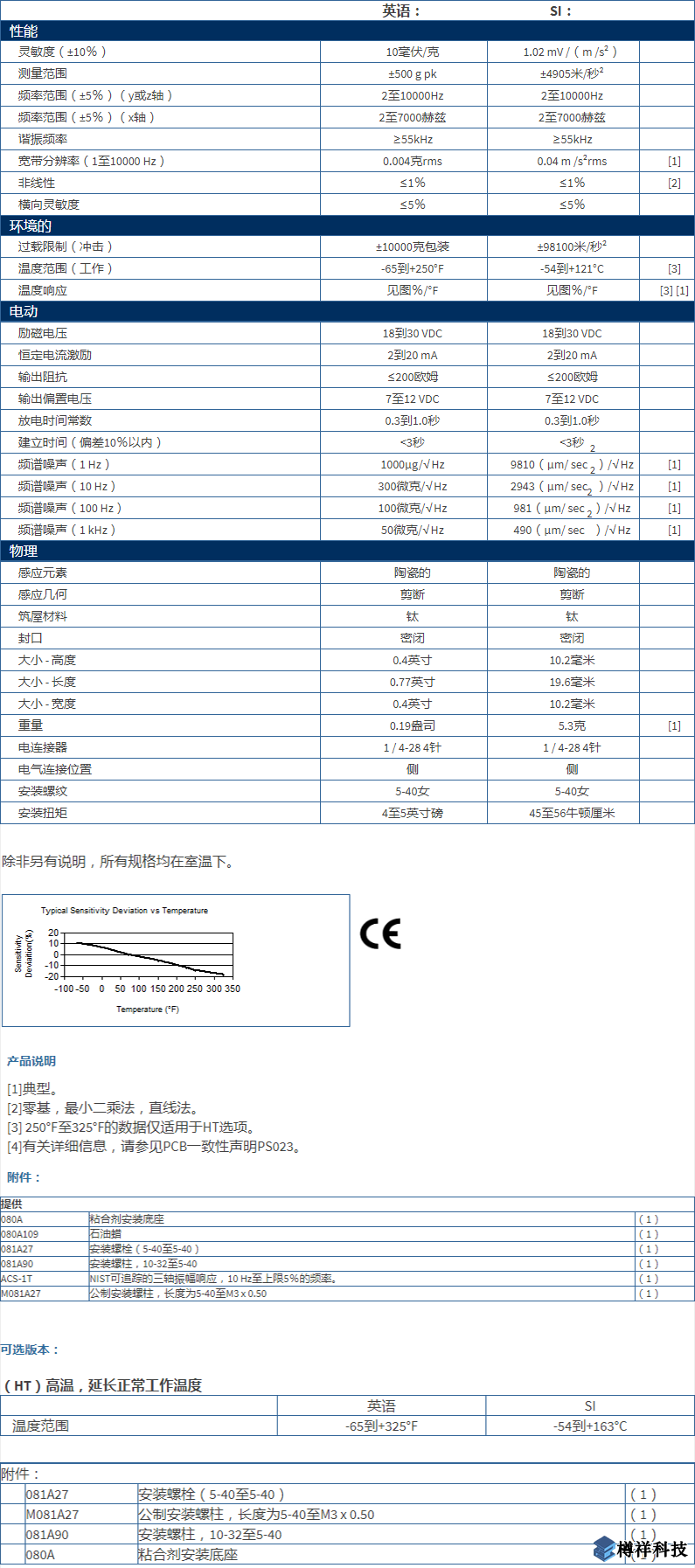 美***进口PCB三轴加速度振动传感器356A33型技术参数