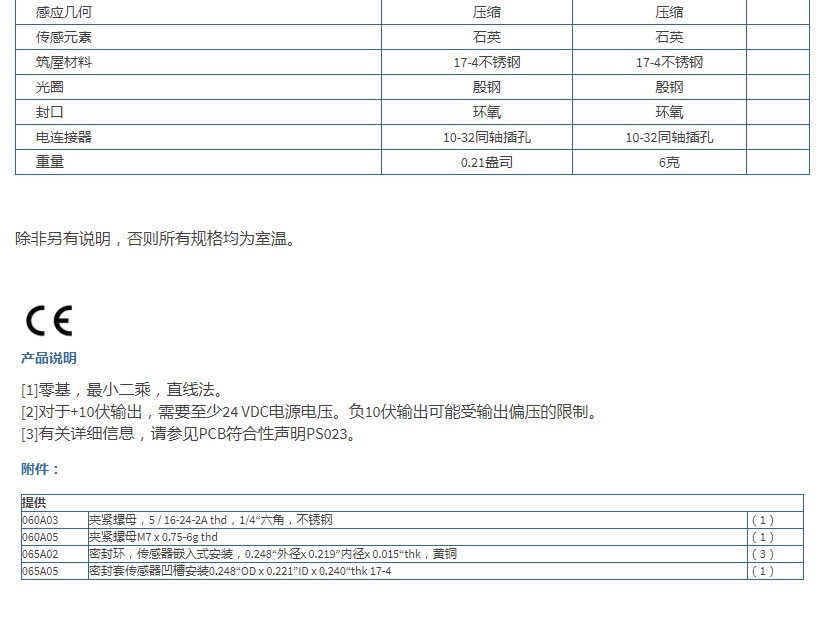 PCB通用型ICP®压力传感器111A24型技术参数