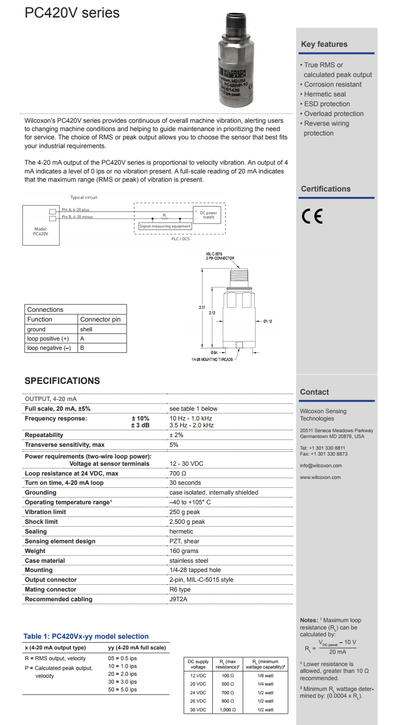 威尔康森4-20mA回路供电振动传感器PC420VR-50型技术参数