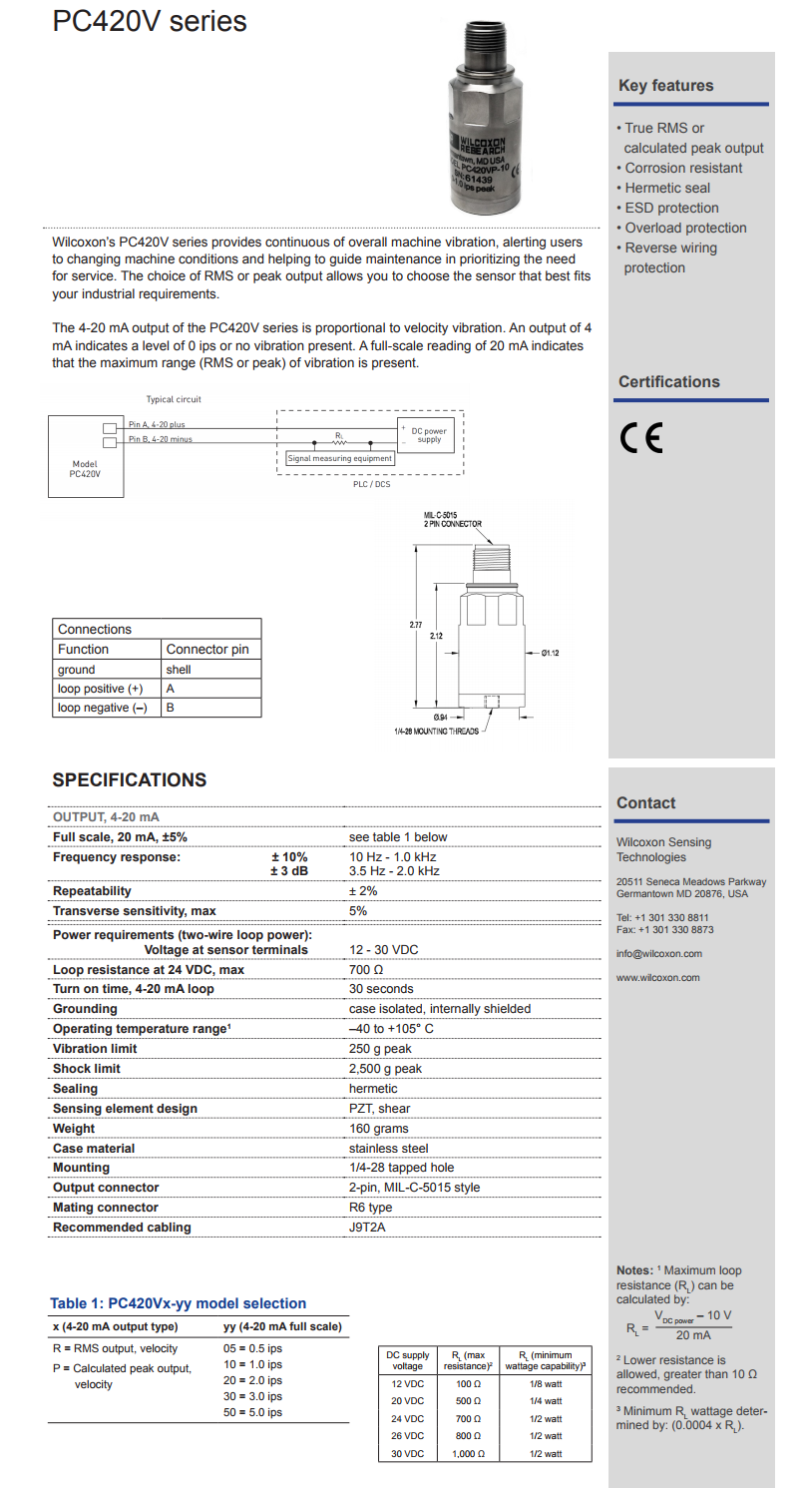 威尔康森4-20mA回路供电振动传感器PC420VP-10型技术参数