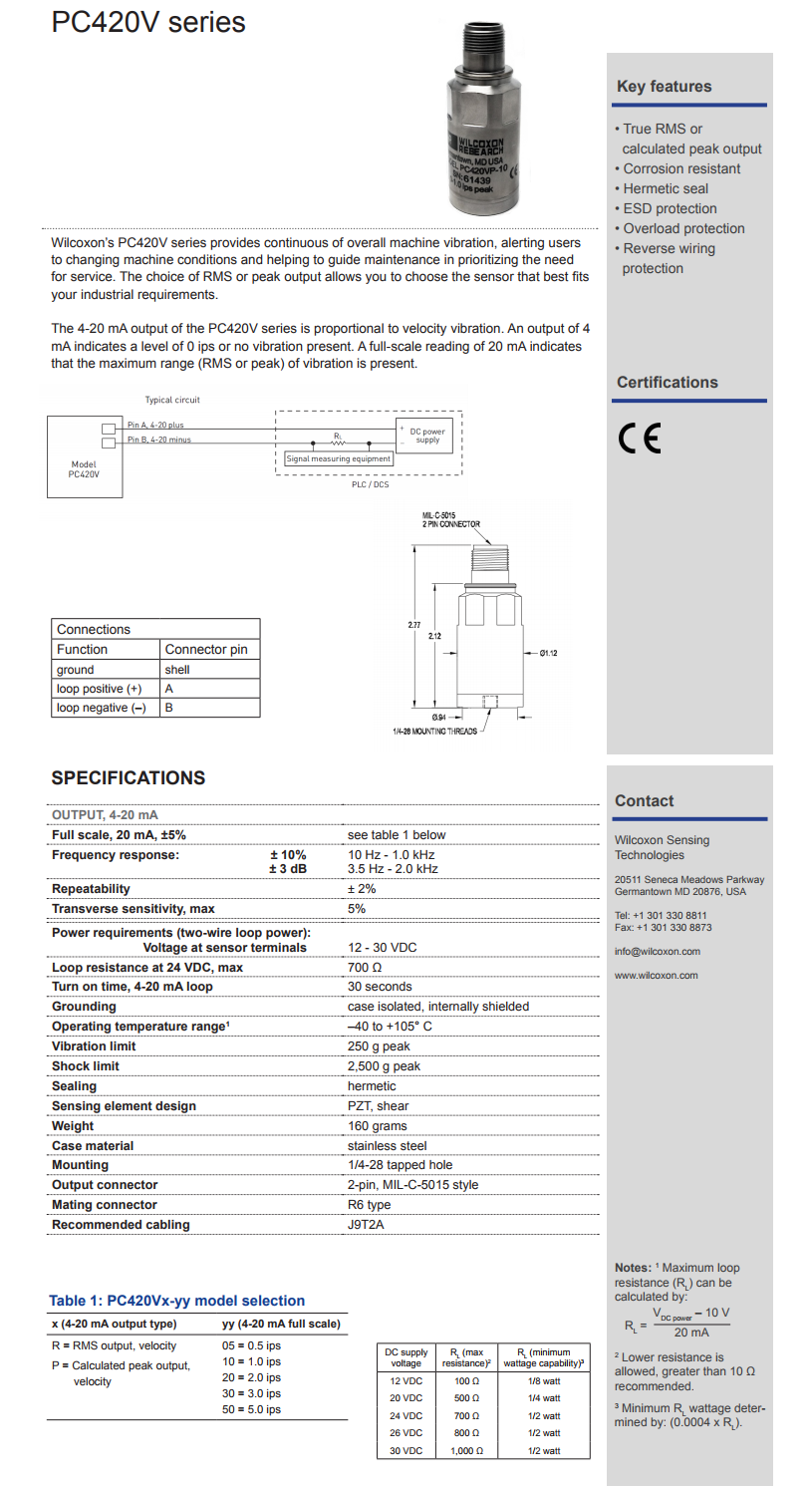 威尔康森4-20mA回路供电振动传感器PC420VP-20型技术参数