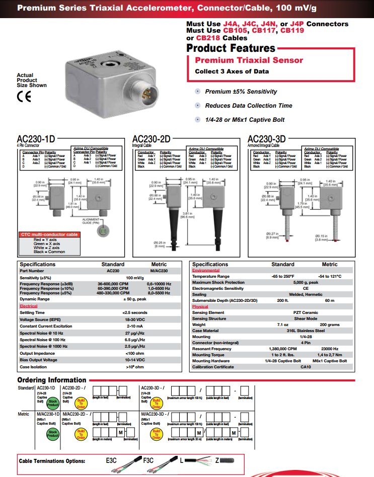 CTC Premium系列三轴加速度振动传感器AC230技术参数