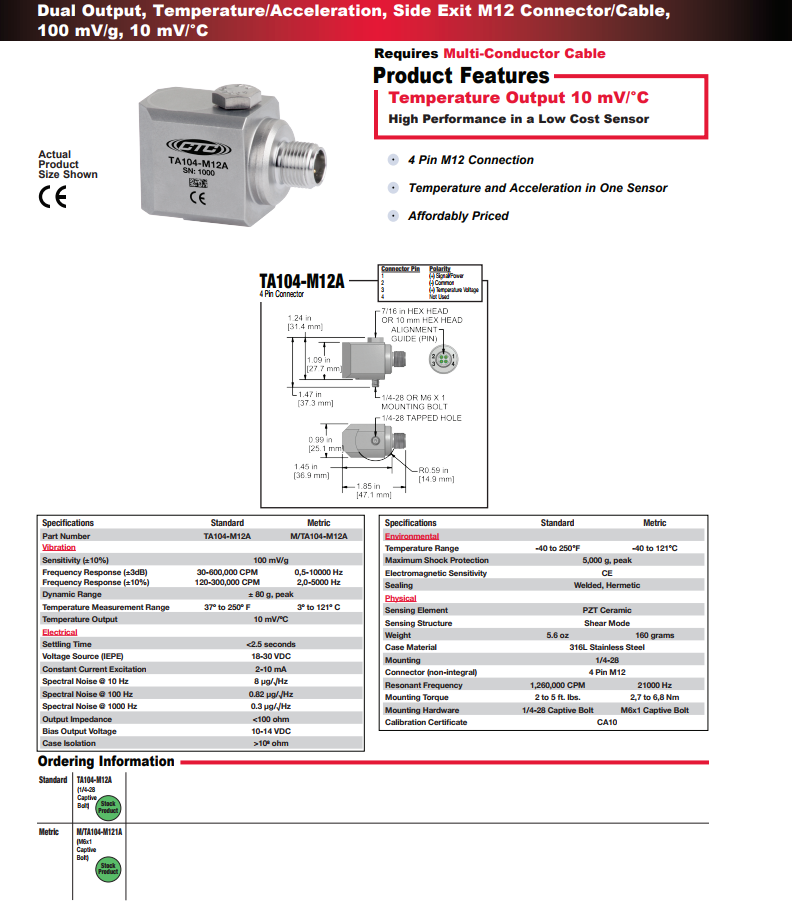CTC双输出，温度/加速度振动传感器TA104-M12A 