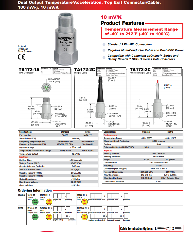 CTC 双输出温度/加速度振动传感器TA172技术参数