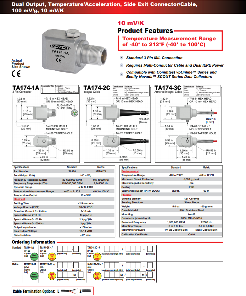 CTC双输出，温度/加速度振动传感器TA174技术参数