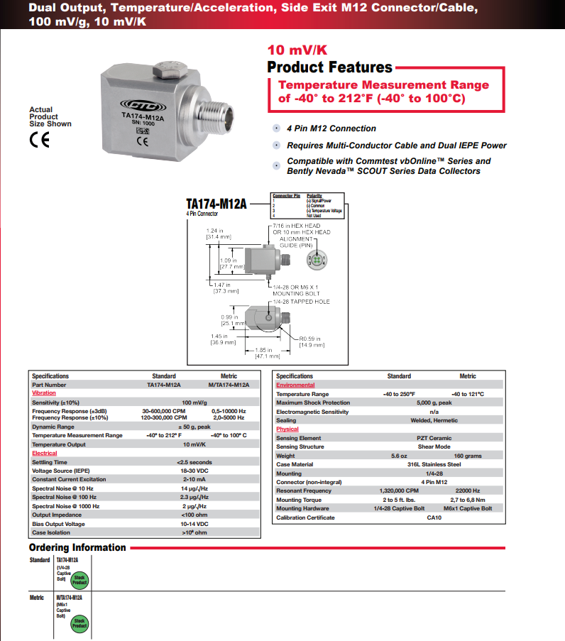 CTC双输出，温度/加速度振动传感器TA174-M12A 技术参数