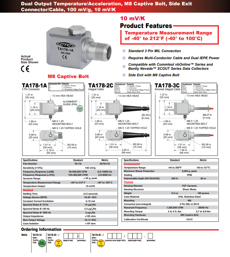 CTC双输出温度/加速度振动传感器TA178 技术参数