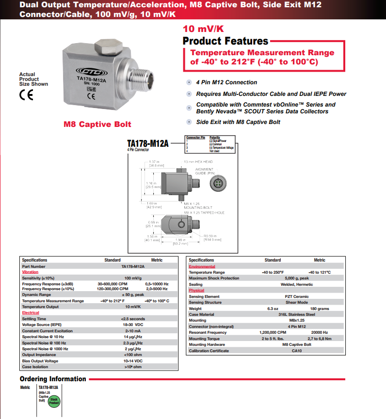 CTC 双输出温度/加速度振动传感器TA178-M12A 技术参数