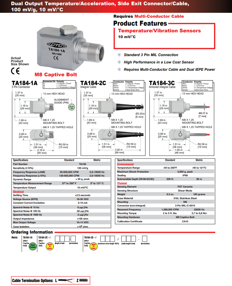 CTC双输出温度/加速度振动传感器TA184技术参数