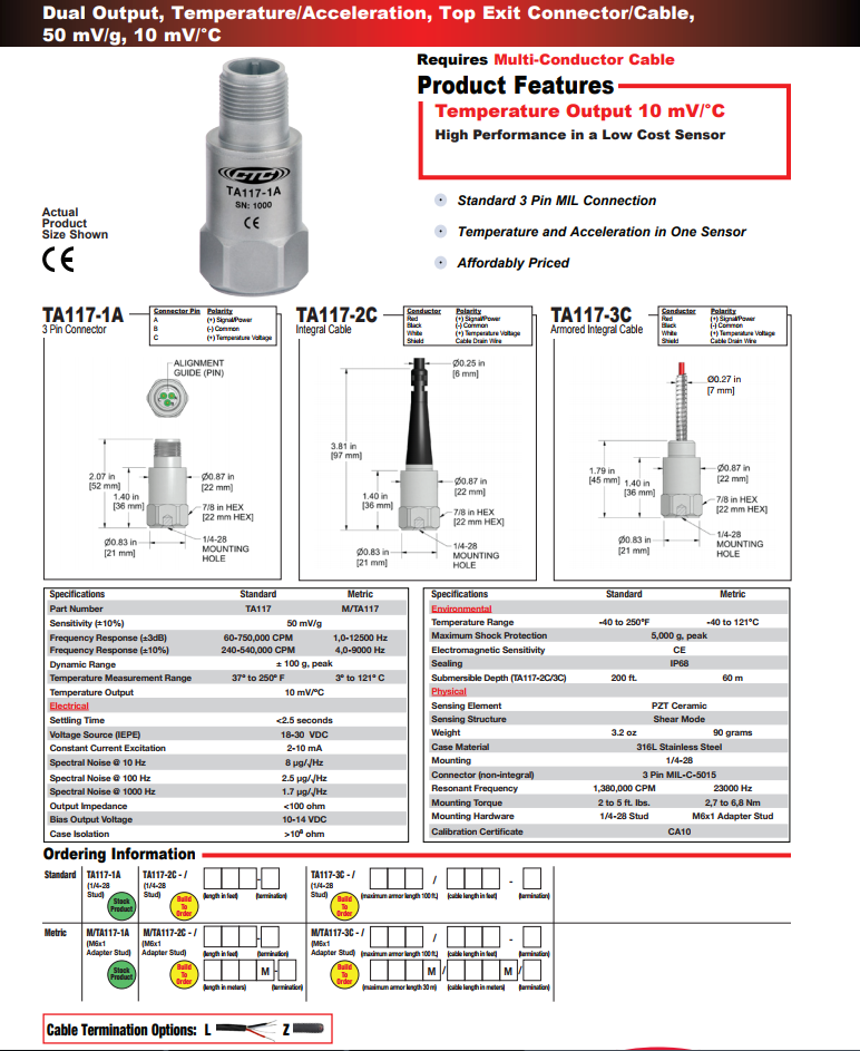 CTC双输出温度/加速度振动传感器TA117技术参数