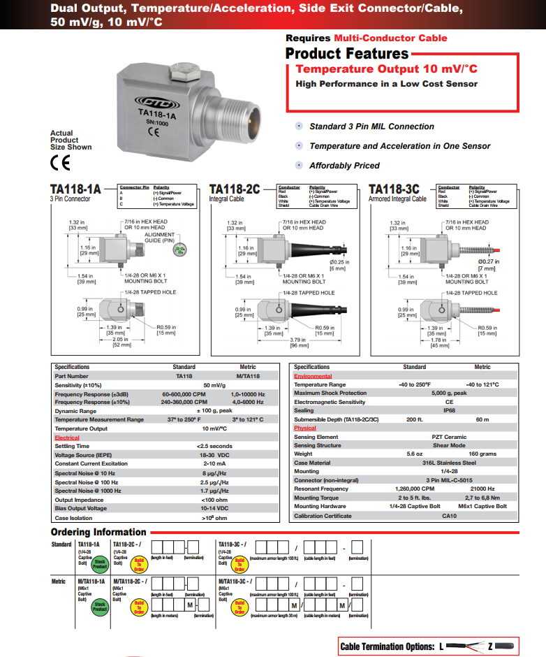 CTC双输出温度/加速度振动传感器TA118技术参数