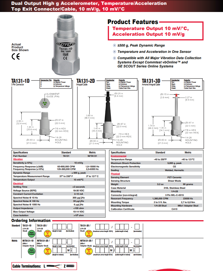 CTC双输出高g加速度振动传感器TA131技术参数