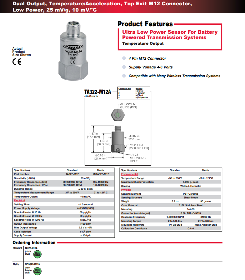 CTC双输出，温度/加速度振动传感器TA322技术参数