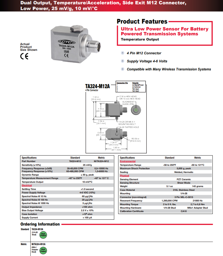 CTC 双输出，温度/加速度振动传感器TA324技术参数