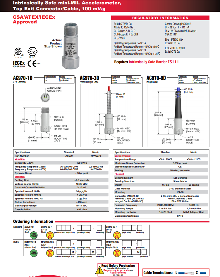 CTC本安型小型加速度振动传感器AC970技术参数 