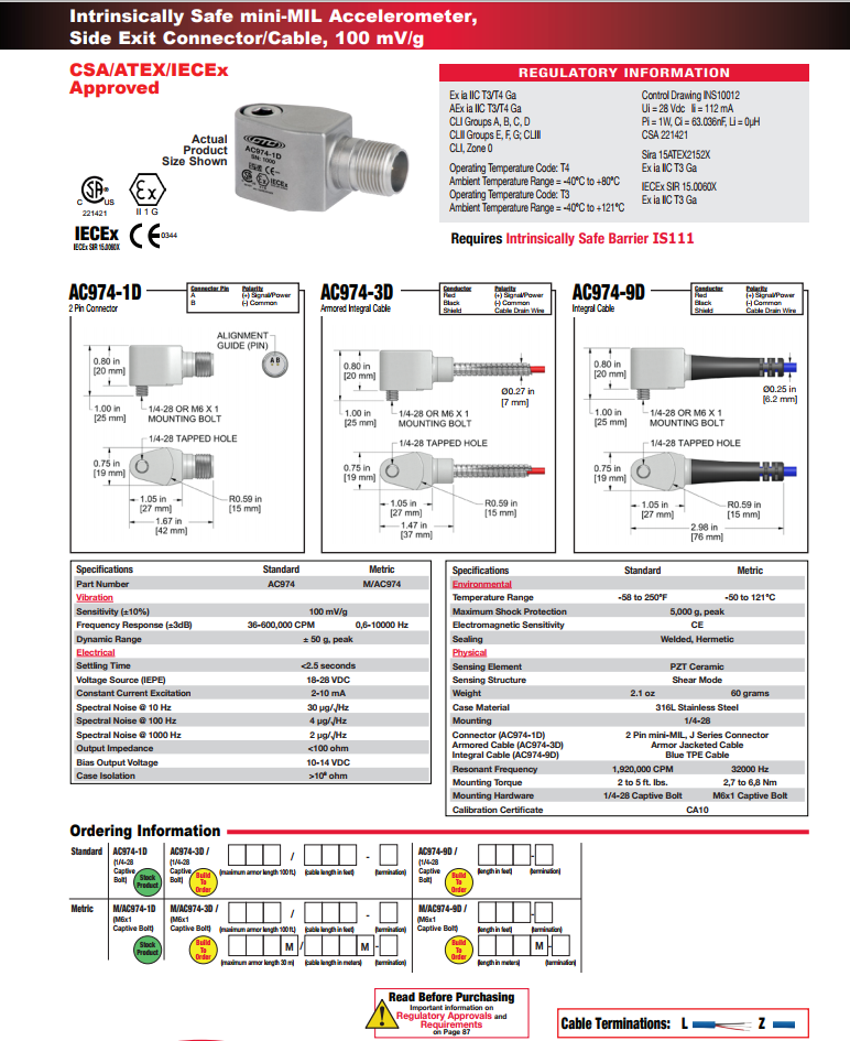 CTC本安型小型加速度振动传感器AC974技术参数