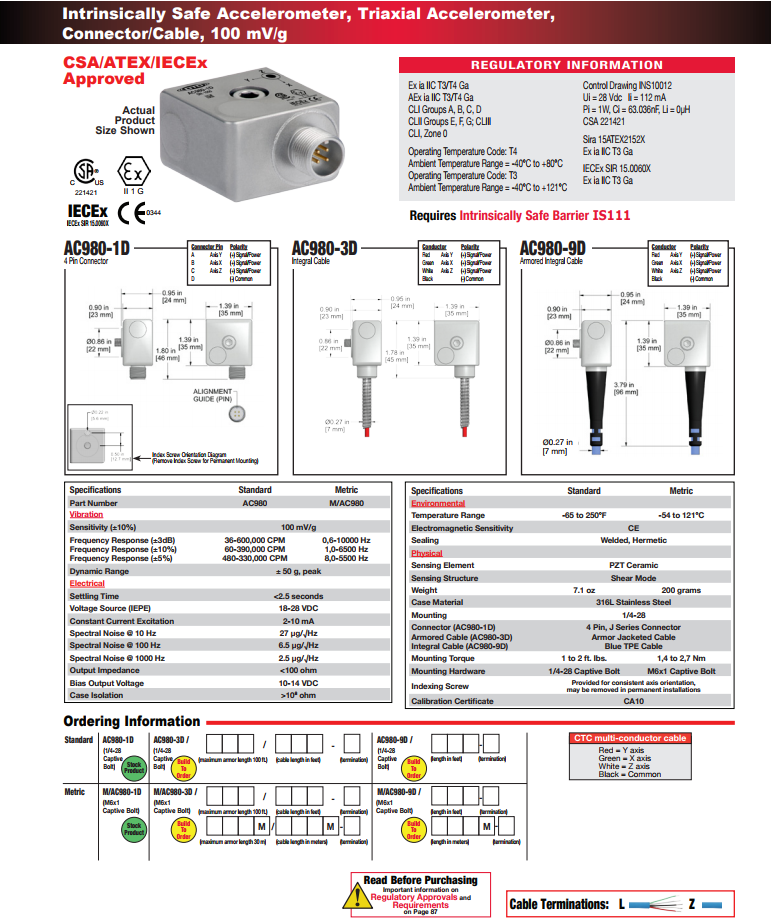 CTC本质安全三轴加速度振动传感器AC980 技术参数