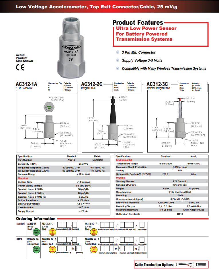 CTC 低压加速度振动传感器AC312技术参数