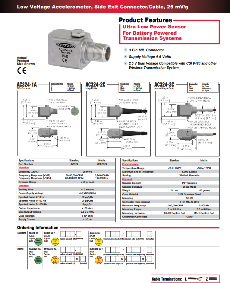 CTC 低压加速度振动传感器AC324技术参数