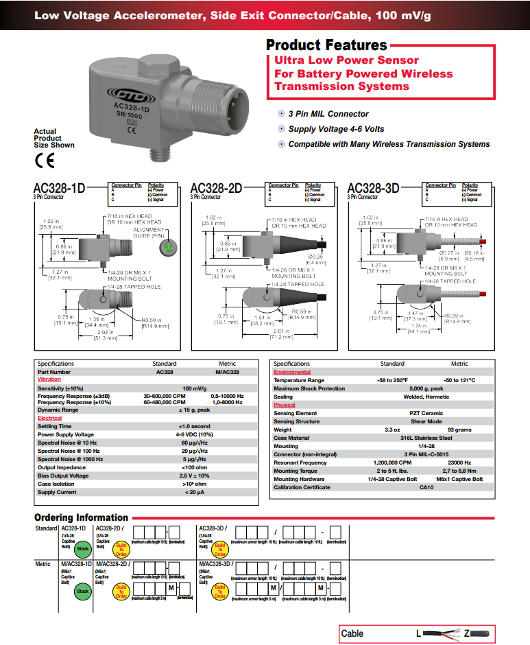 CTC紧凑型低功率加速度振动传感器AC328技术参数