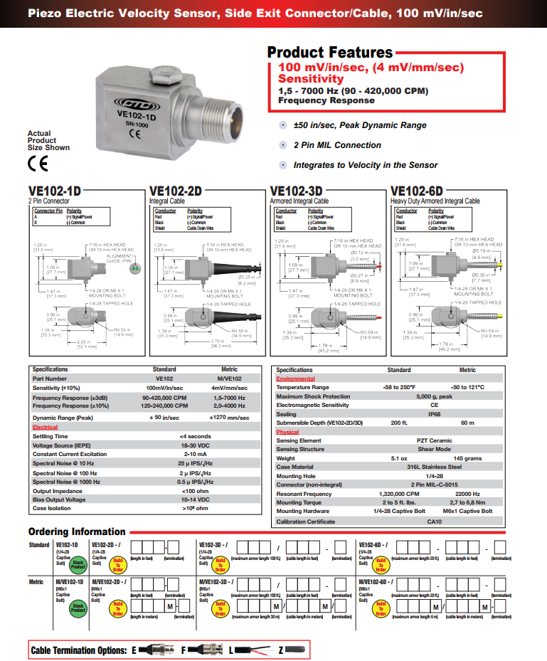  CTC压电式速度振动传感器VE102技术参数