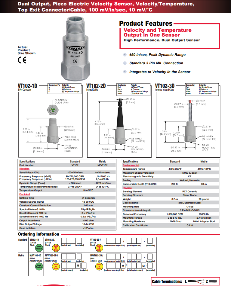 CTC 双输出压电速度振动传感器VT102技术参数