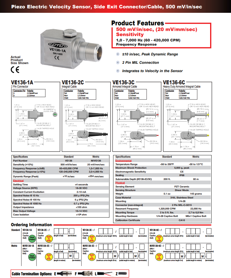 CTC压电式速度振动传感器VE136技术参数