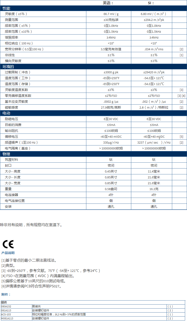 美***进口PCB单轴加速度振动传感器352C683711B1130G型技术参数